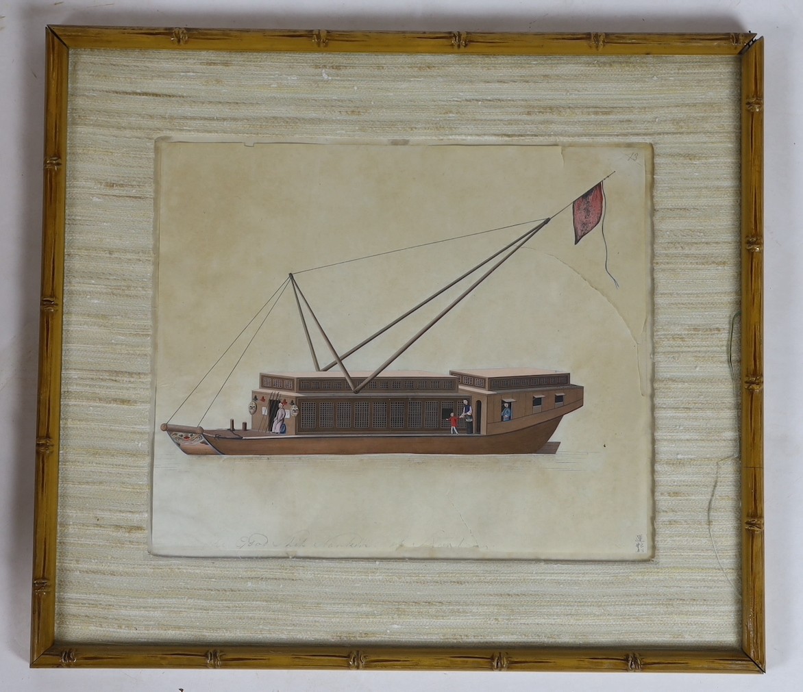 19th century Chinese School, nine gouaches on pith paper, Studies of water-going vessels, inscribed in Chinese and titled in English, giving the names and uses of the various vessels, 29 x 34cm